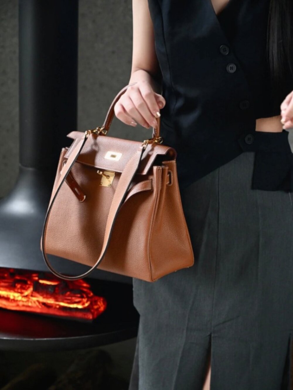 Gold Brown Luxury Handbag | Elegant 28cm Genuine Togo Leather Satchel